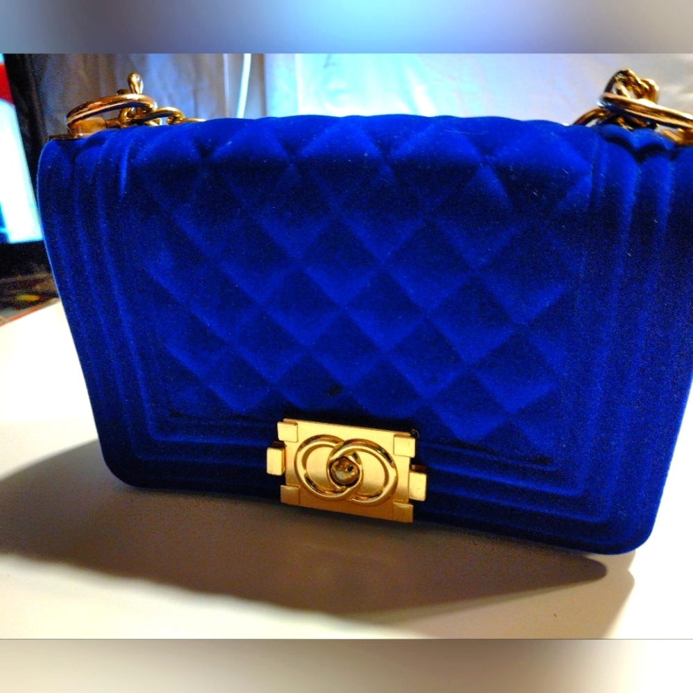 Blue Quilted Velvet Chain Shoulder Bag - Unbranded
